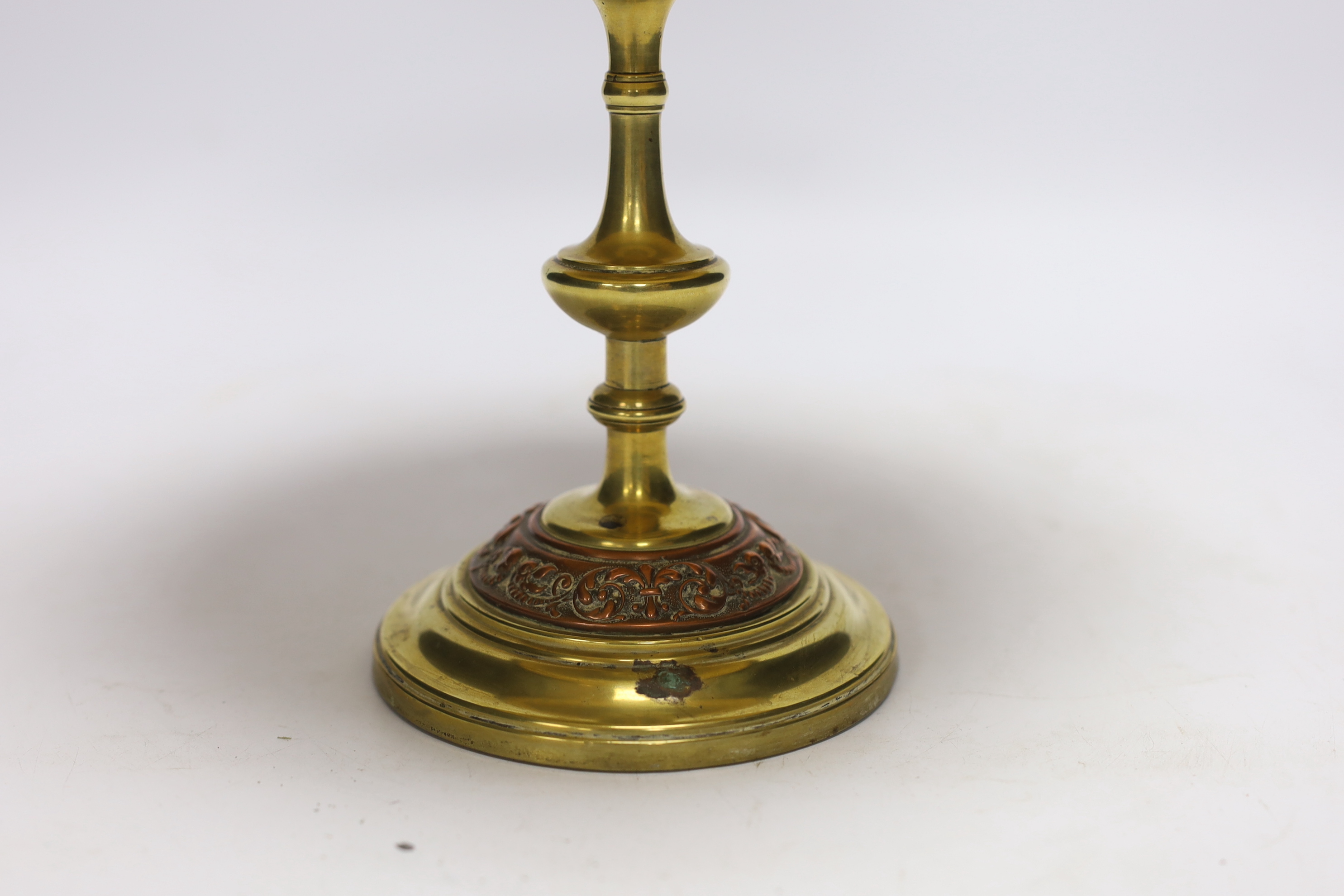 A bronze and copper embossed tazza, early 20th century, 19.5cm